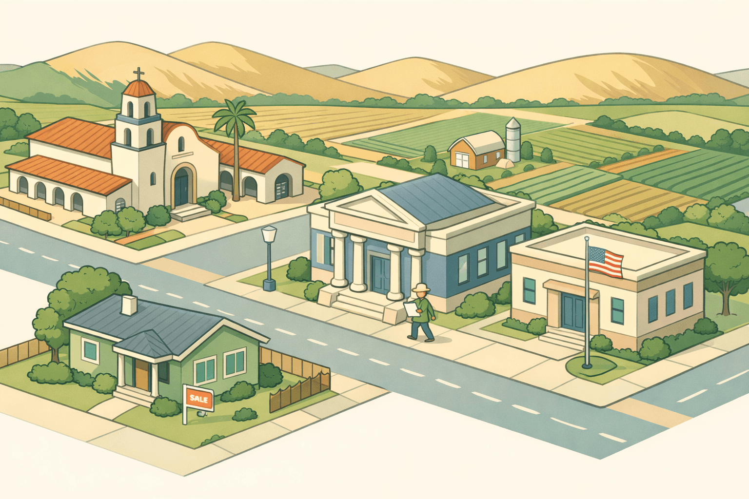 Isometric scene of a California rural town with a mission-style building, ranch home for sale, community bank, and farmland in the background.