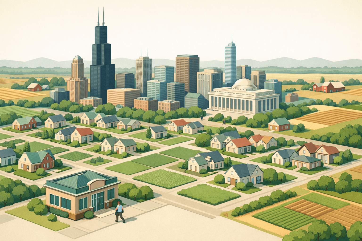 Isometric scene of Chicago skyline transitioning to suburban homes and rural land, with a small mortgage office and a tiny figure in the foreground.