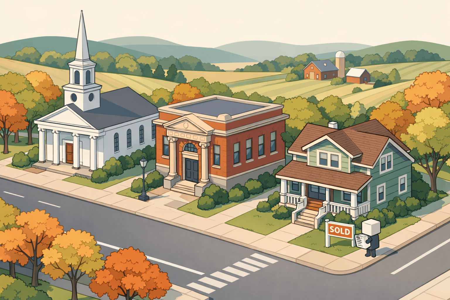 Isometric illustration of a small Connecticut town with a colonial church, brick bank, and craftsman home with a sold sign and rural fields in the background.
