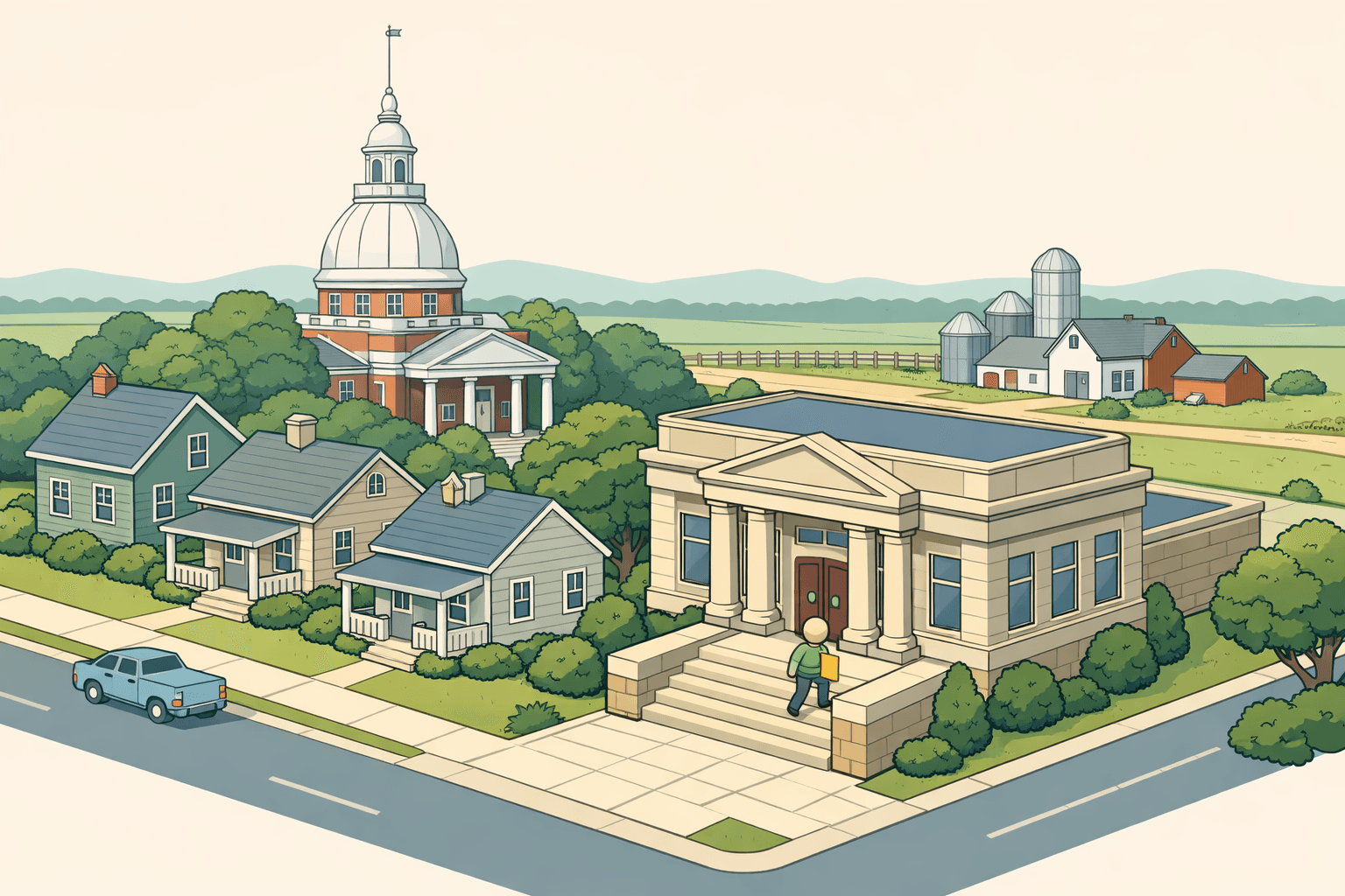 Isometric illustration of a small Delaware rural town with colonial architecture, farmhouses, and a community bank building surrounded by green fields.