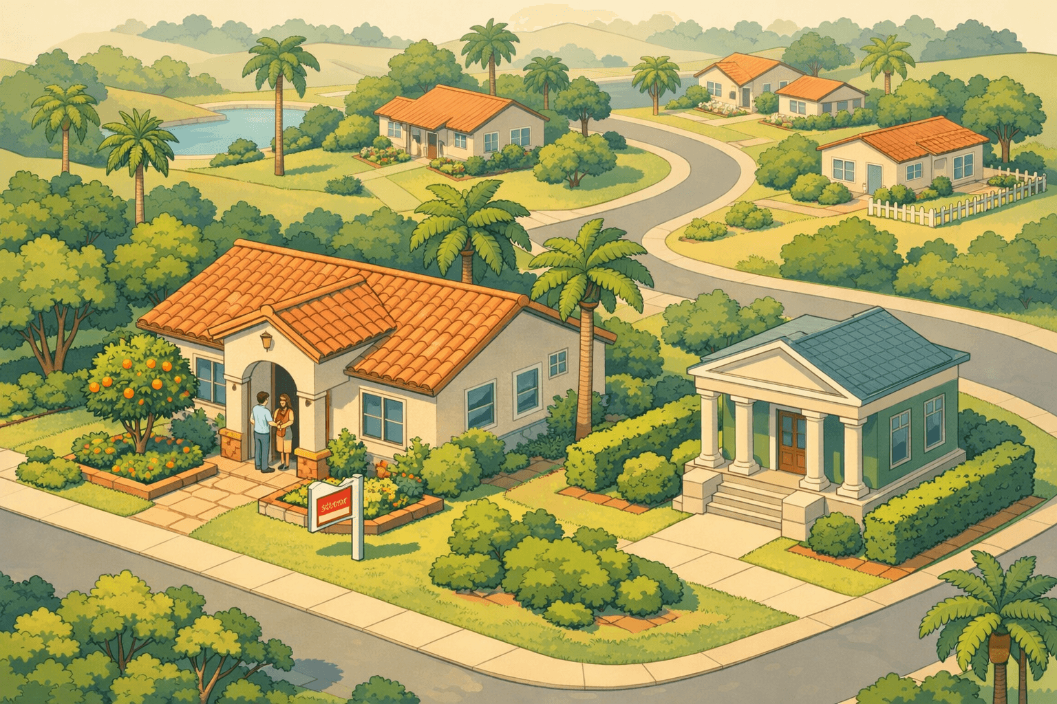 Isometric scene of a Florida rural neighborhood with a stucco home, palm trees, a lending office, and a couple receiving house keys.