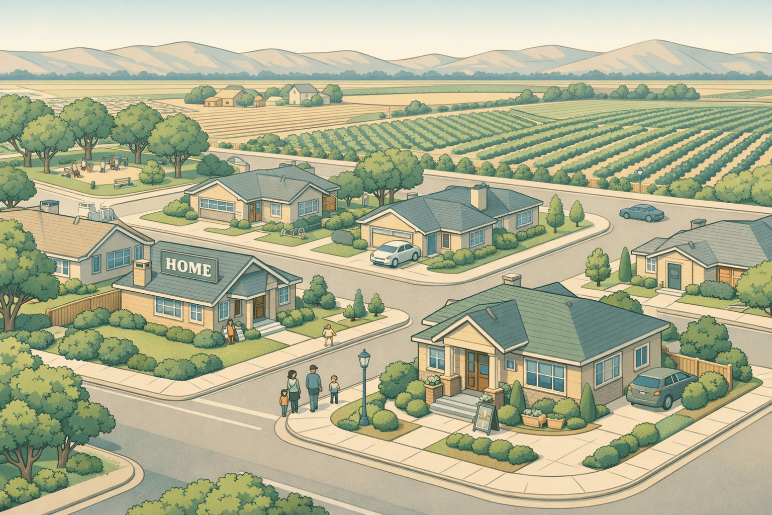 Isometric scene of a Fresno neighborhood with ranch-style homes, agricultural fields, a small mortgage office, and tiny figures approaching a house.