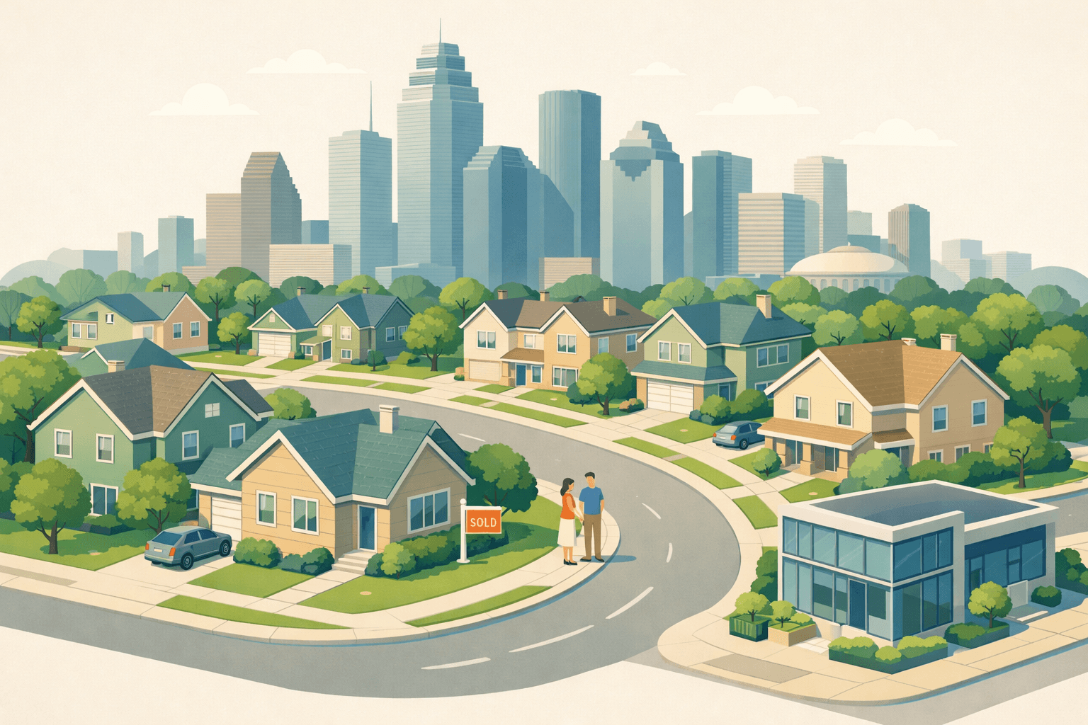 Isometric scene of a Houston suburban street with single-family homes, a small lending office, and a city skyline in the background.