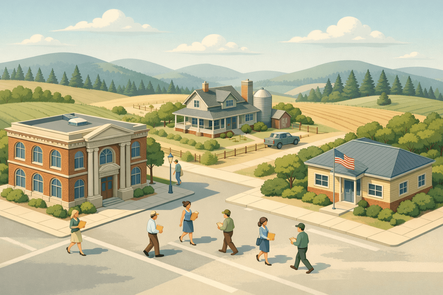 Isometric scene of an Idaho rural town with a bank, farmhouse, government office, pine-covered hills, and small figures carrying documents.