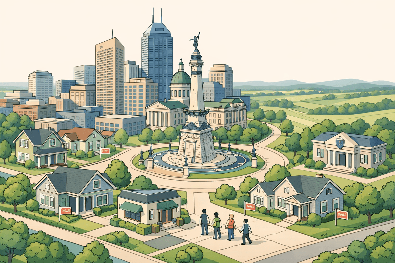 Isometric scene of Indianapolis landmarks and suburban homes with small figures of homebuyers approaching a mortgage office surrounded by green rural fields.