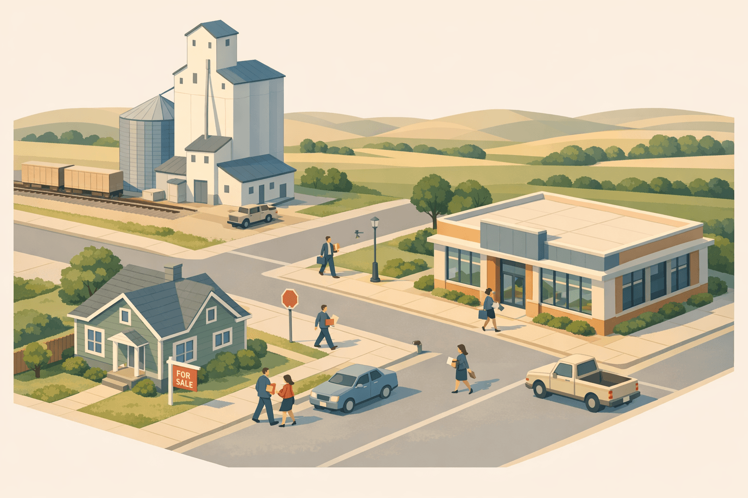 Isometric illustration of a Kansas rural town with a grain elevator, a home for sale, and a community bank building on a prairie landscape.