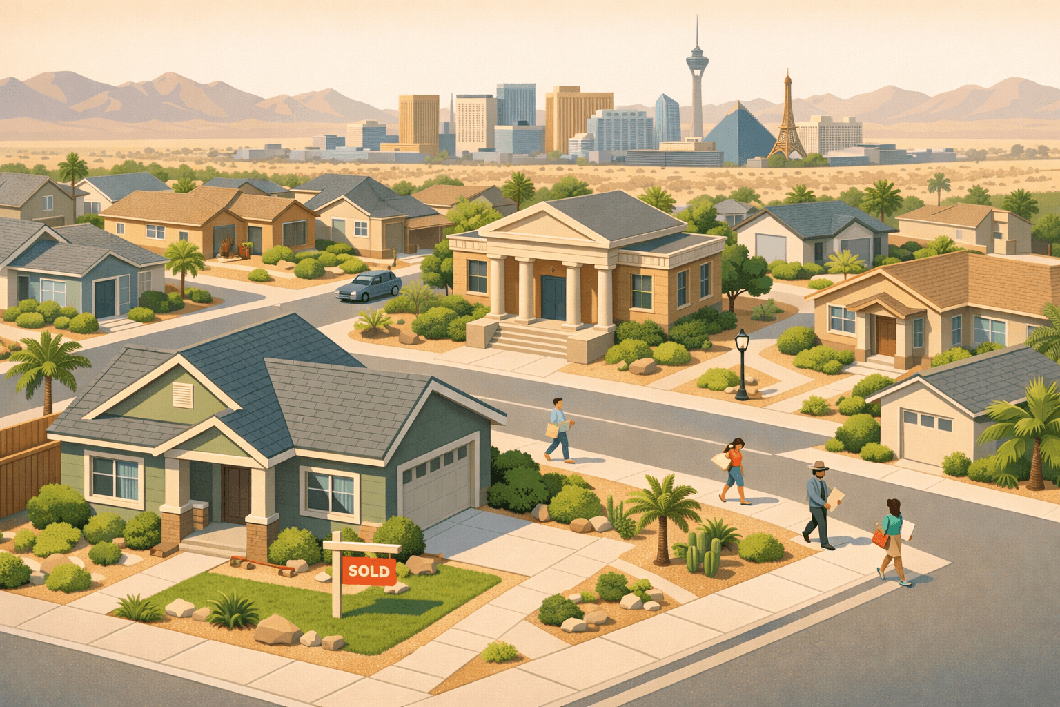 Isometric scene of a Las Vegas suburban neighborhood with a sold home, a small bank building, and the city skyline in the background.