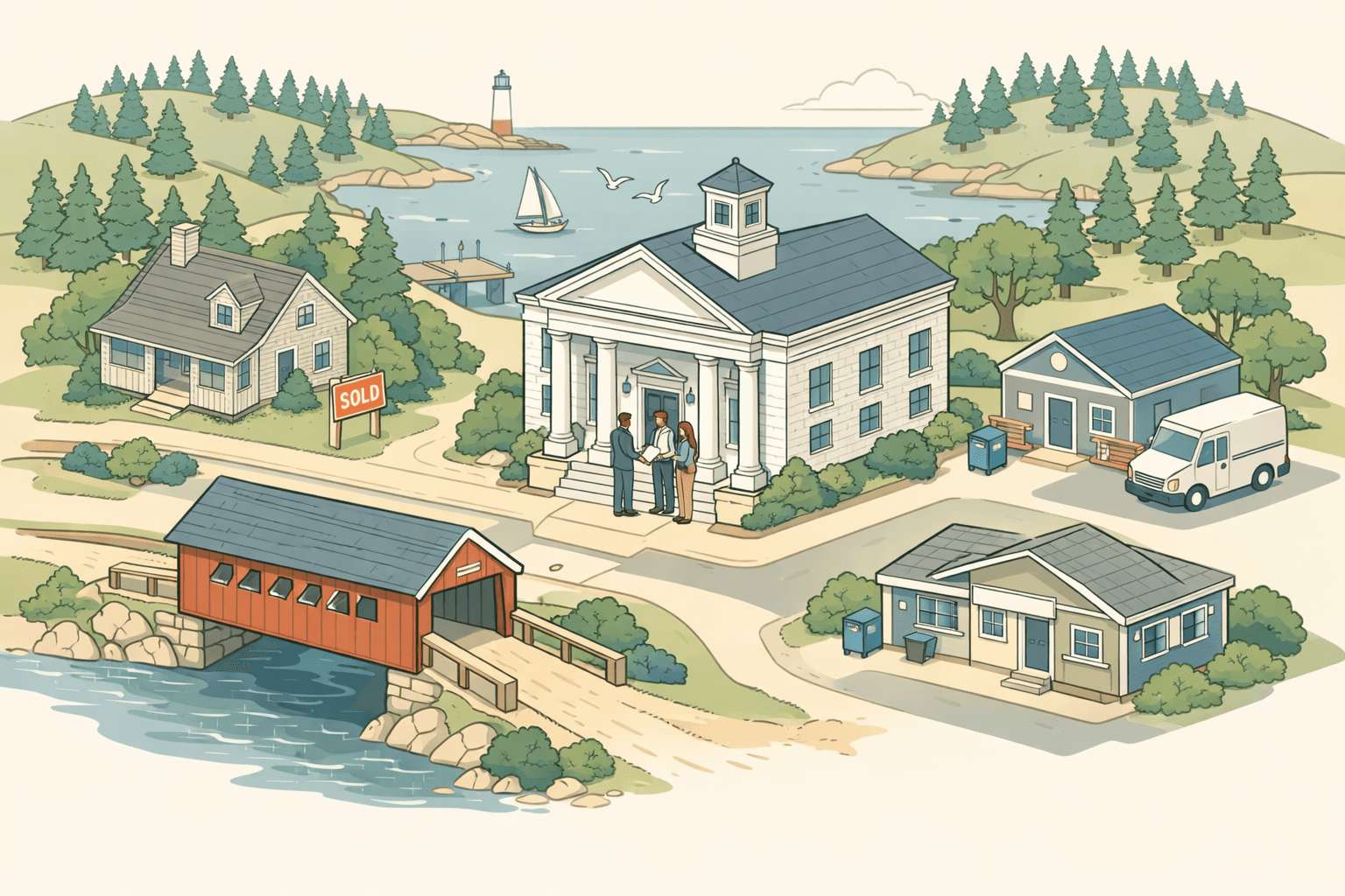 Isometric scene of a Maine small town with a community bank, a rural home, a covered bridge, and pine-covered hills in the background.