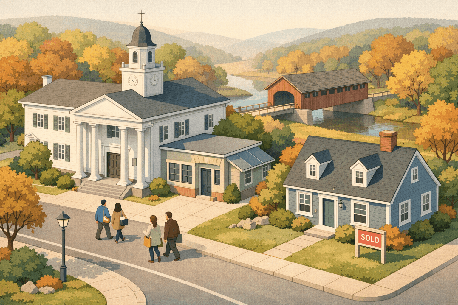 Isometric illustration of a New England town center with a colonial bank building, rural Massachusetts landscape, and homebuyers approaching a mortgage office.