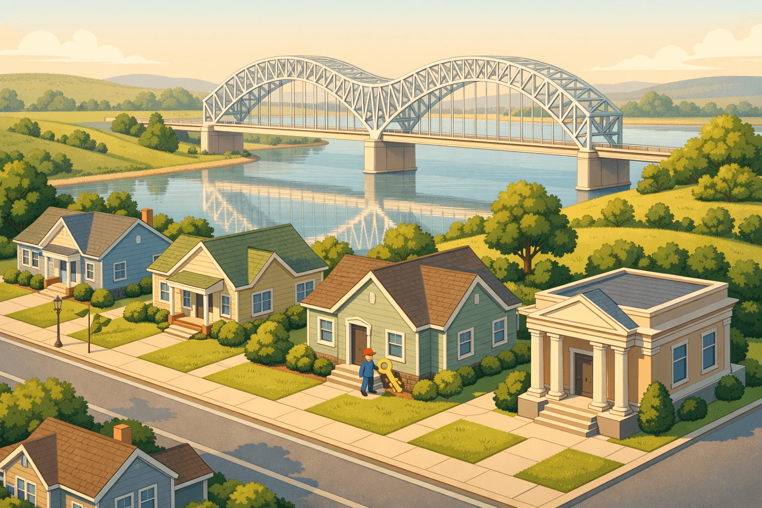 Isometric scene of a Memphis suburban neighborhood with a bridge in the background, a community bank, small homes, and a figure holding a house key.
