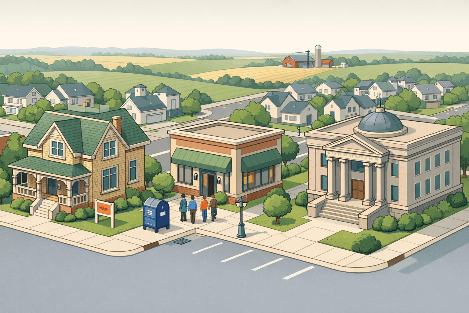 Isometric scene of a Milwaukee neighborhood with a cream brick house, a local bank, and rolling Wisconsin farmland in the background representing USDA home lending.