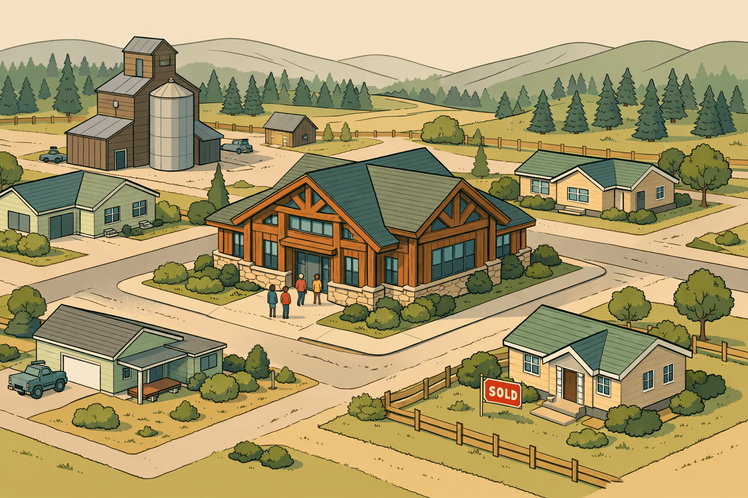 Isometric view of a small Montana rural town with a community bank, ranch-style homes, pine-covered hills, and homebuyers approaching the building.