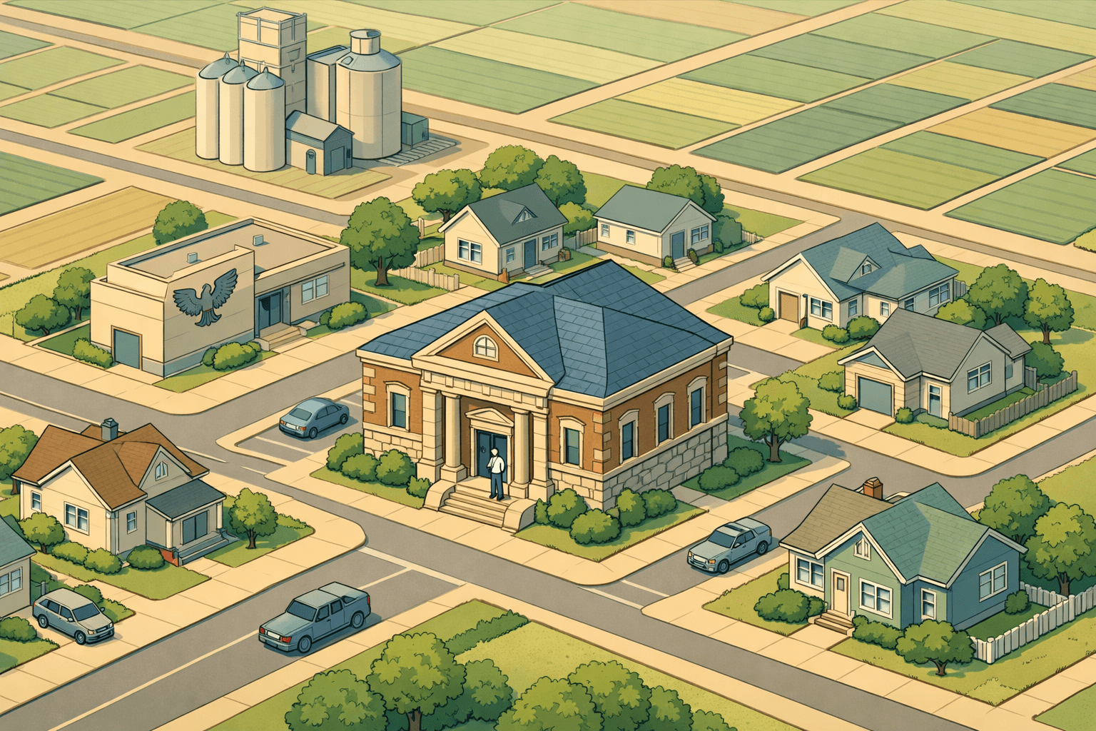 Isometric view of a small Nebraska rural town with a community bank, modest homes, a grain elevator, and flat farmland in the background.