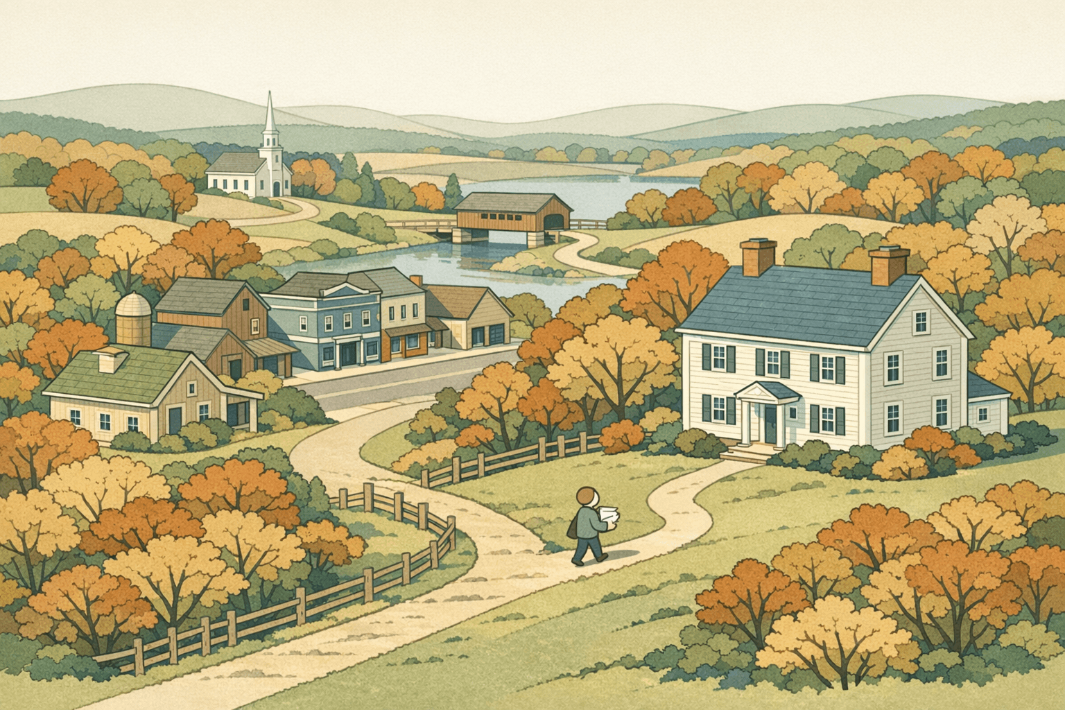 Isometric illustration of a rural New Hampshire village with a colonial home, covered bridge, small bank building, and autumn countryside scenery.