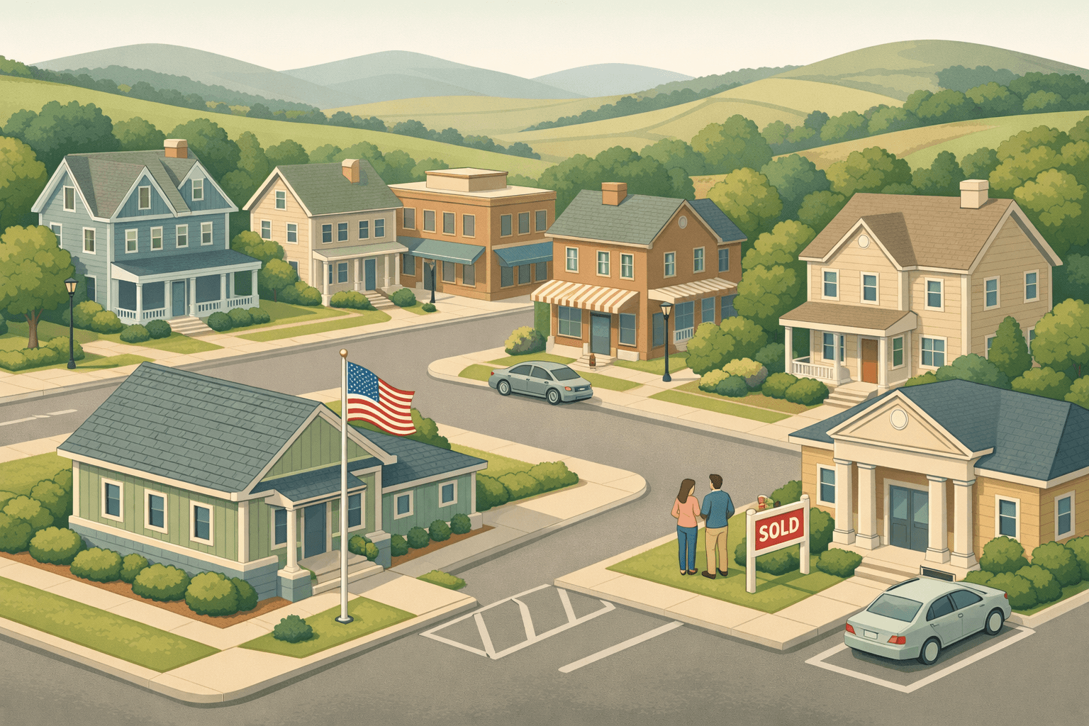 Isometric illustration of a New Jersey suburban neighborhood with colonial homes, a rural development office, and a small community street scene.