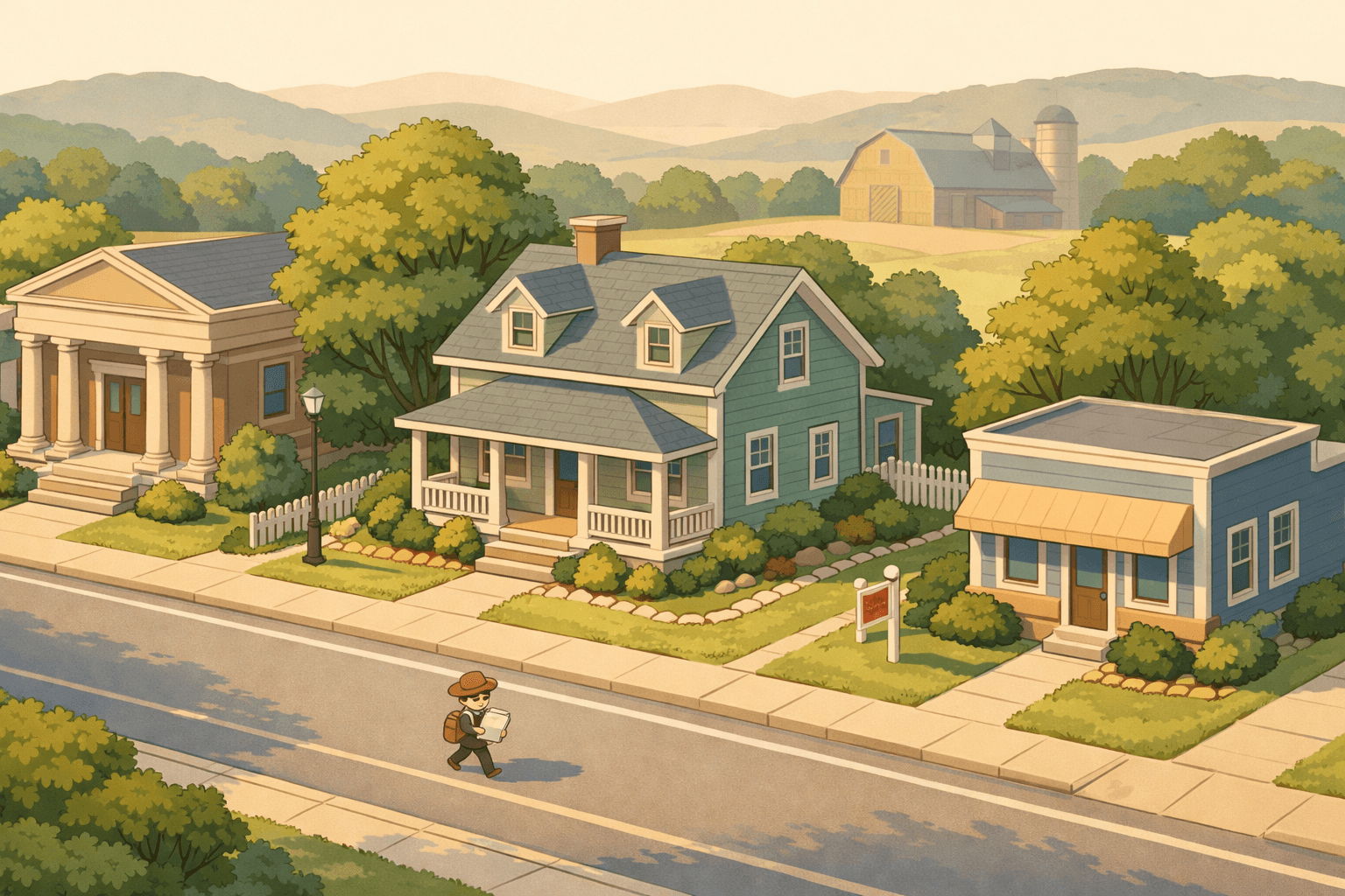 Isometric illustration of a rural New York town with a farmhouse, community bank, and real estate office along a quiet main street.