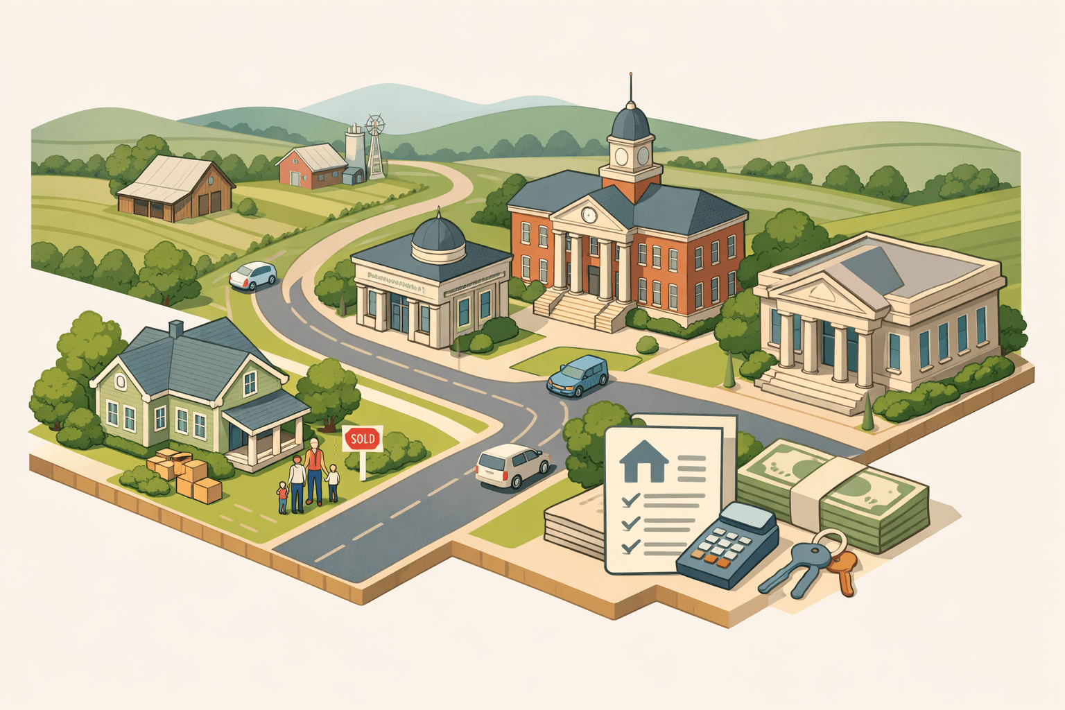 Isometric illustration of an Ohio rural town with a farmhouse, community bank, and small figures near a home with a sold sign.