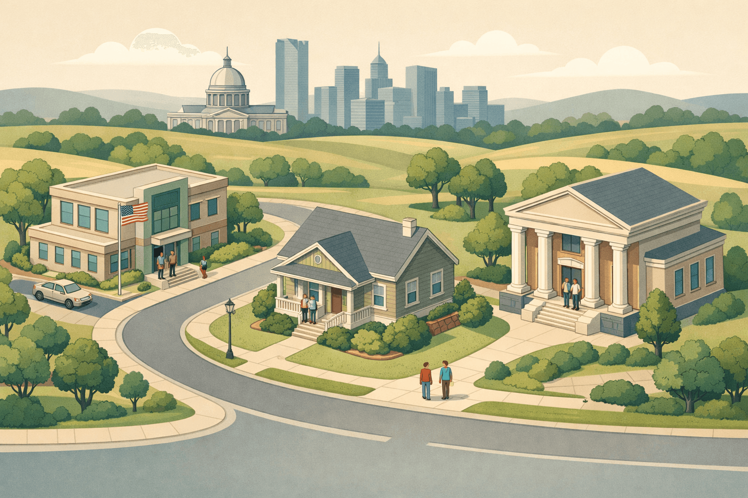 Isometric scene of an Oklahoma City neighborhood with a home, a lending office, and a community bank connected by a suburban street with the city skyline in the background.