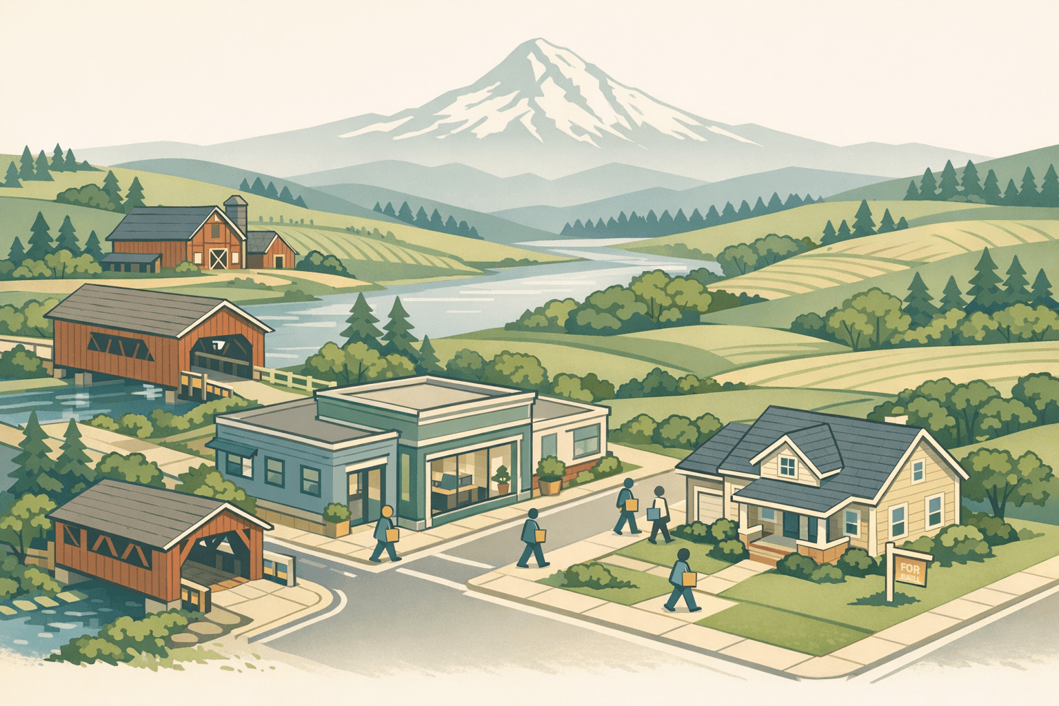 Isometric scene of a rural Oregon town with a farmhouse, covered bridge, rolling hills, and a small mortgage office on a quiet main street.