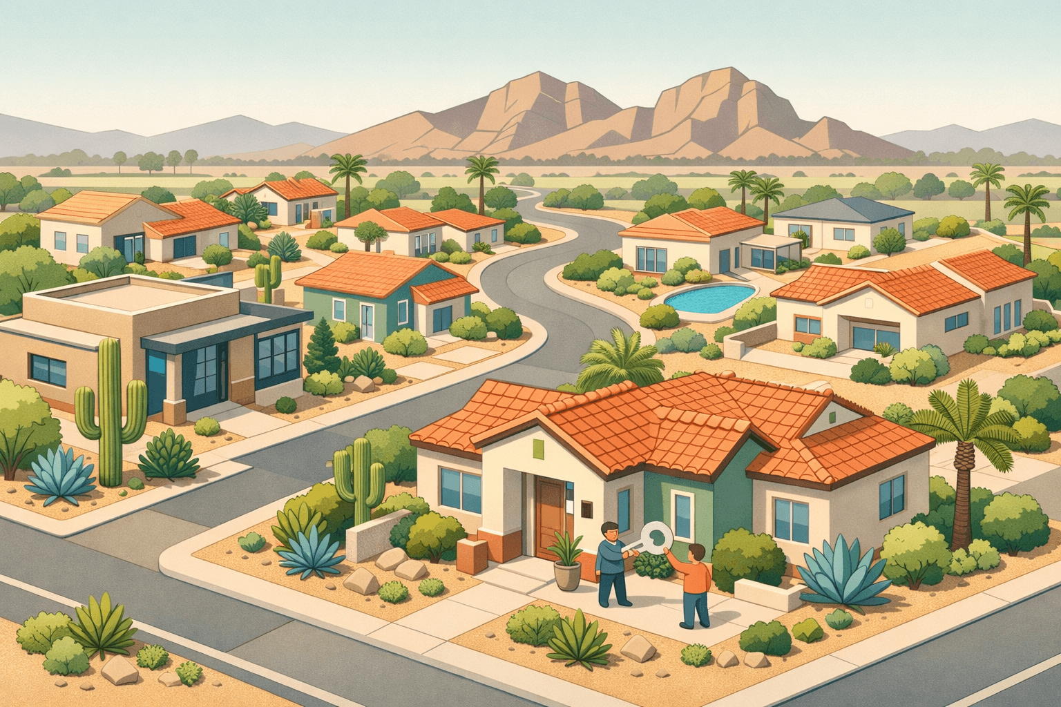 Isometric scene of a Phoenix-area neighborhood with desert homes, a mortgage office, tiny figures with house keys, and Camelback Mountain in the background.