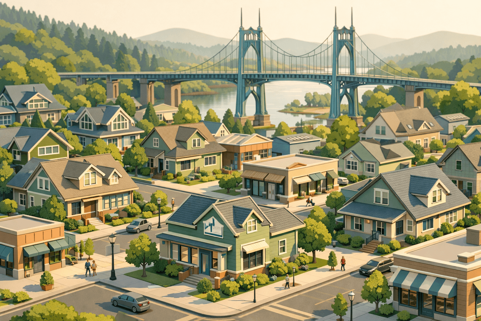 Isometric view of a Portland neighborhood with craftsman homes, a local mortgage office, and the St. Johns Bridge visible in the background.