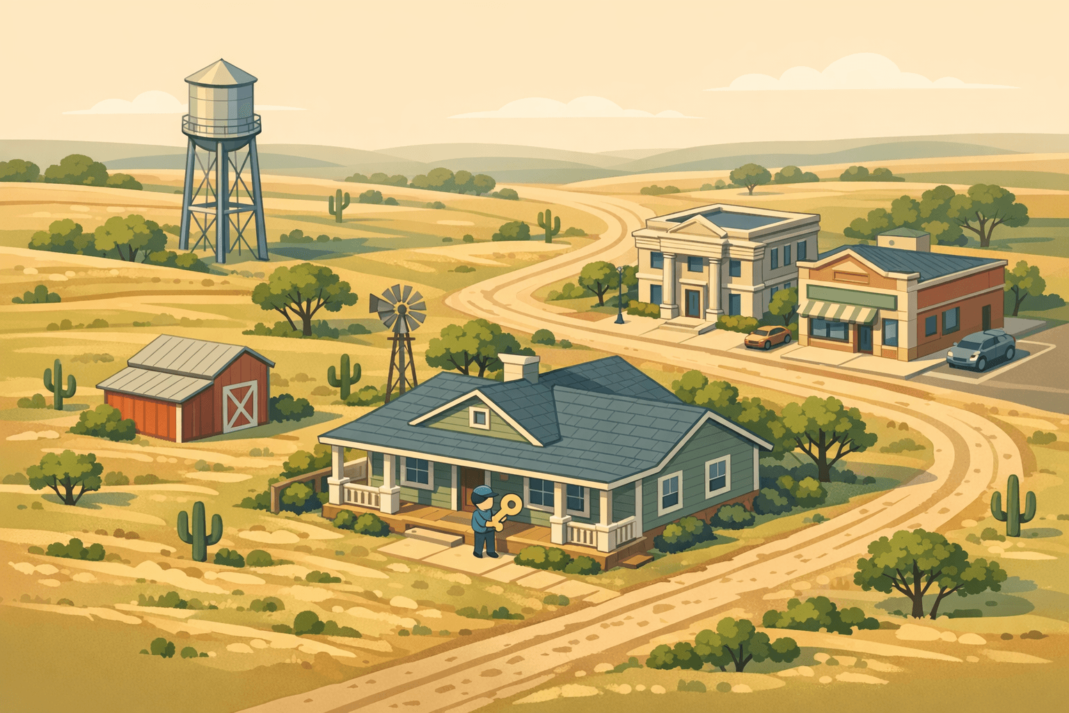 Isometric scene of a rural Texas ranch home near a small town with a barn, water tower, and mortgage office under warm afternoon light.