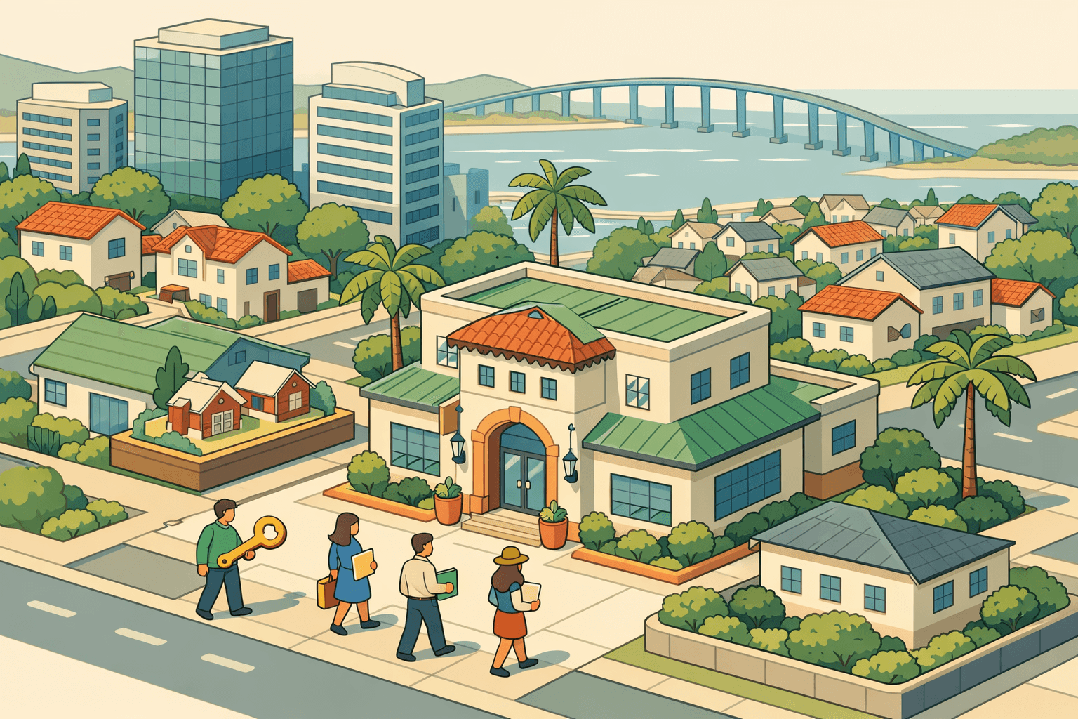 Isometric view of a San Diego neighborhood with a mortgage lending office, coastal buildings, palm trees, and small figures holding house keys.