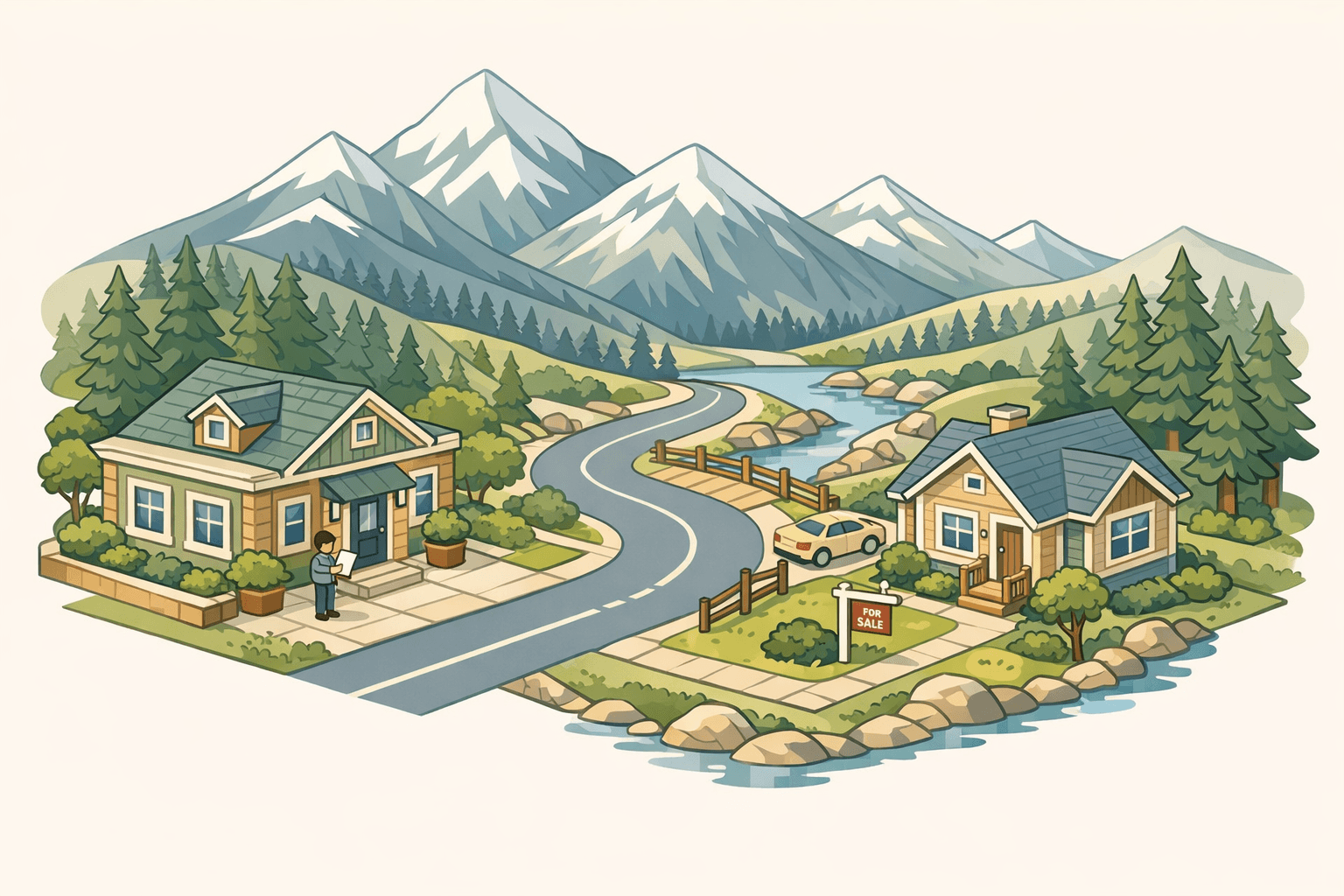 Isometric view of a rural Rocky Mountain town with a mortgage office, a home for sale, pine trees, and mountain peaks in the background.