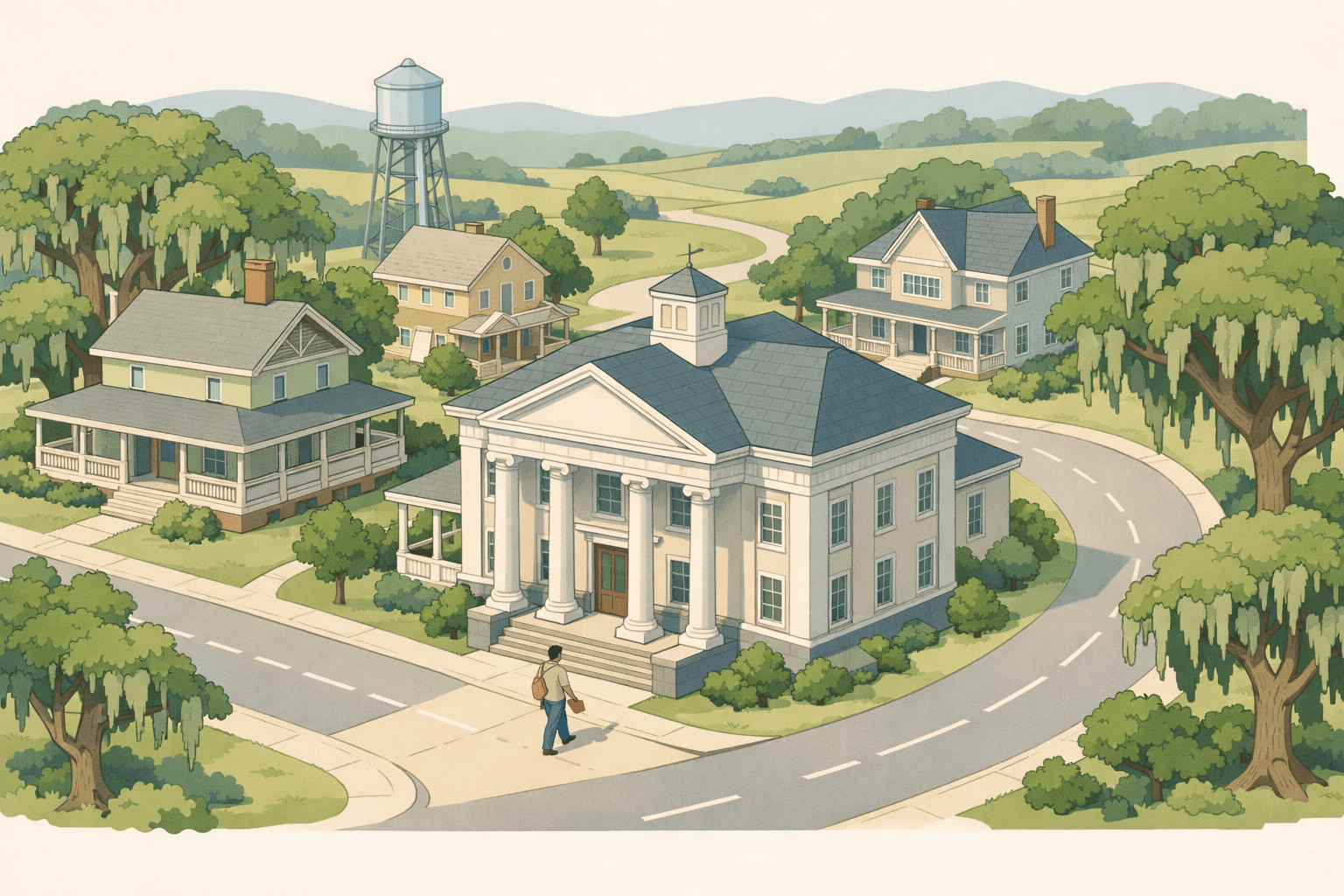 Isometric scene of a small Southeast town with a classic bank building, rural homes, and rolling green land representing USDA mortgage lending.