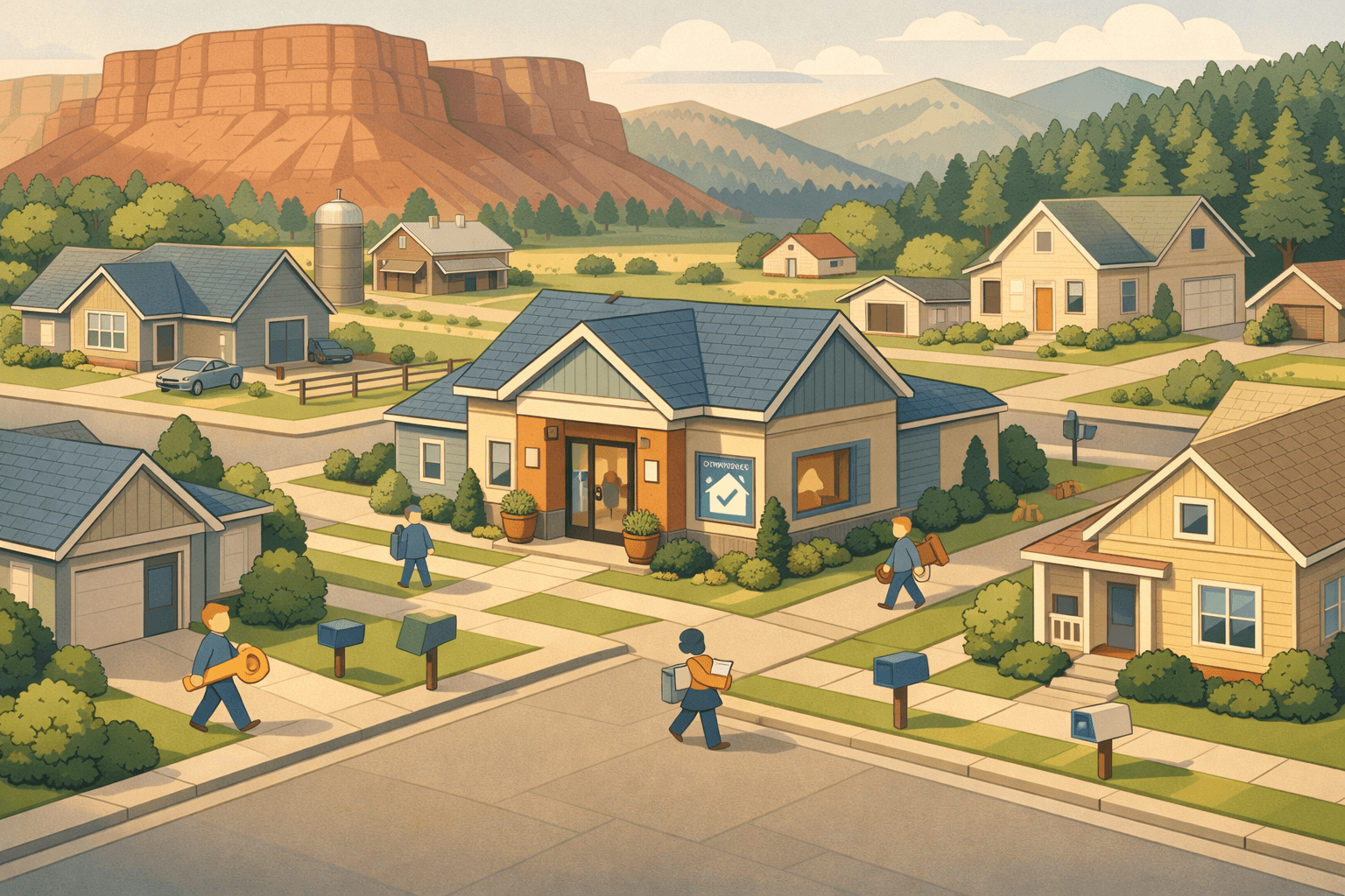 Isometric illustration of a Utah neighborhood with suburban homes, a rural farmhouse, a small mortgage office, and tiny people walking with keys and documents.