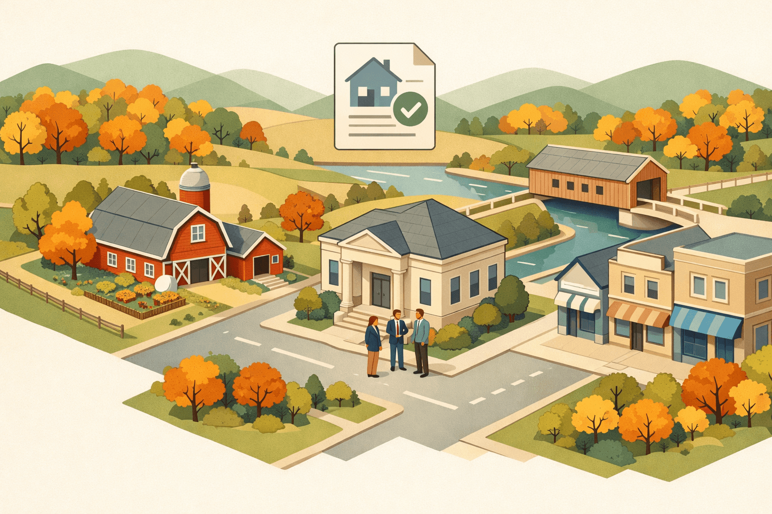 Isometric Vermont rural village with a farmhouse, red barn, covered bridge, and small bank where a couple meets with a loan officer outside.