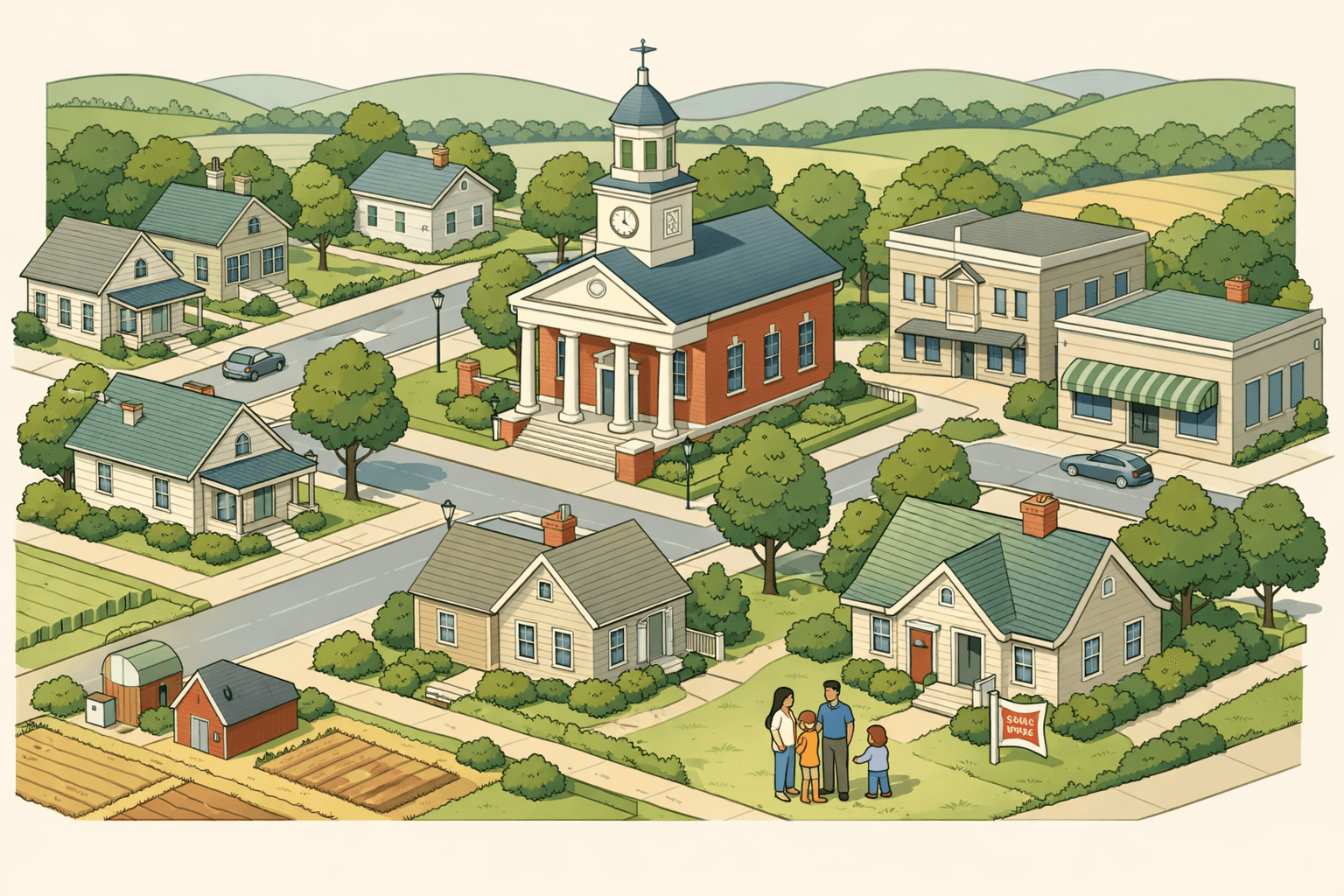 Isometric illustration of a rural Virginia town with colonial brick buildings, small homes, a community bank, rolling hills, and a family near a for-sale sign.
