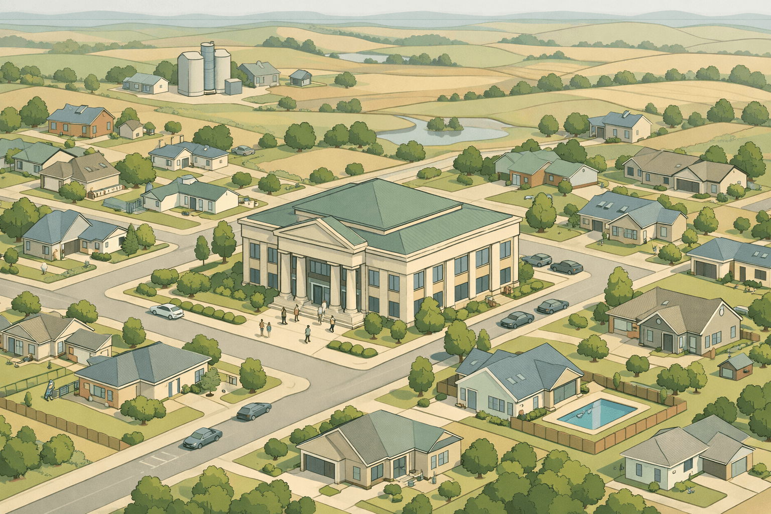 Isometric view of a Wichita neighborhood showing suburban homes, a community bank, and rural Kansas landscape with small figures near the building entrance.