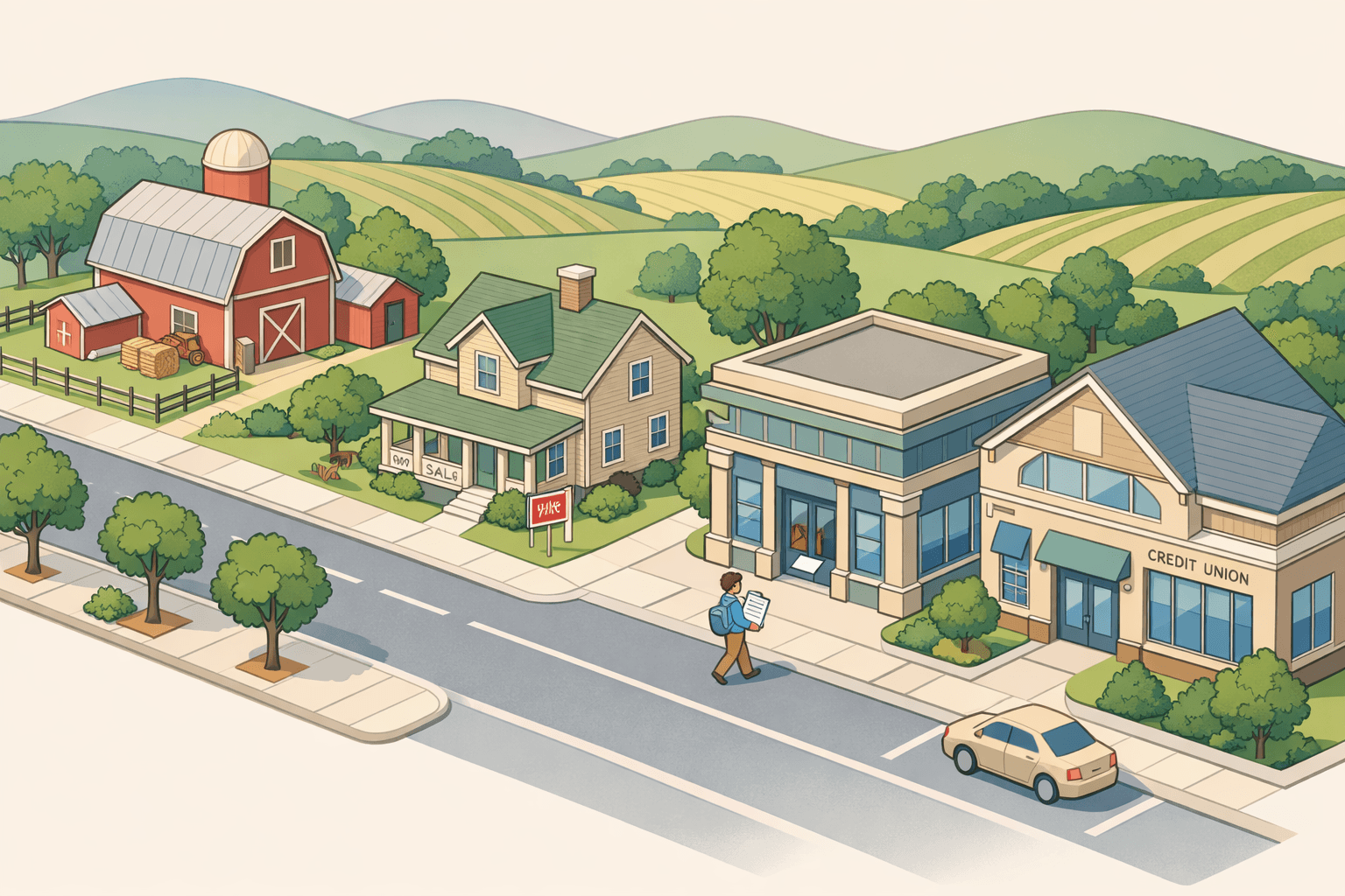Isometric view of a Wisconsin rural town with a farmhouse, community bank, and a small figure carrying mortgage documents on a quiet main street.