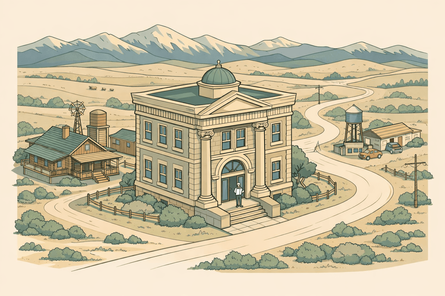 Isometric illustration of a small Wyoming rural town with a bank building, a ranch home, mountain ridgeline, and open plains in the background.