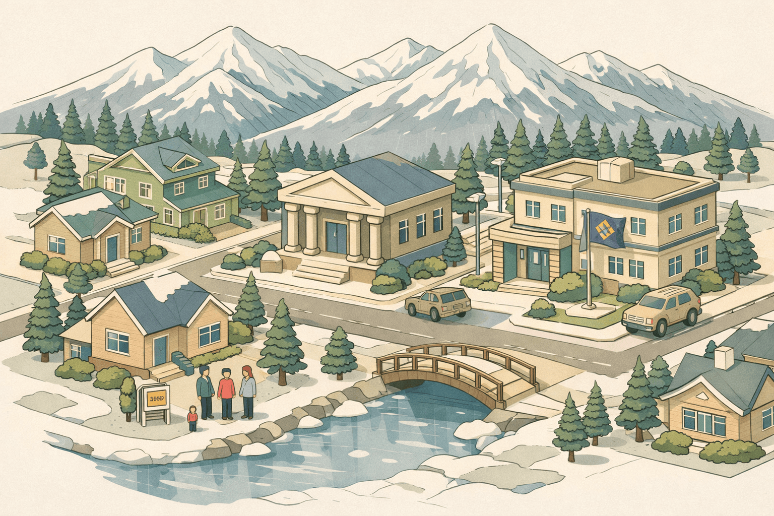 Isometric Alaska town scene with snow-capped mountains, residential homes, a bank building, and a state housing office beside a frozen river.