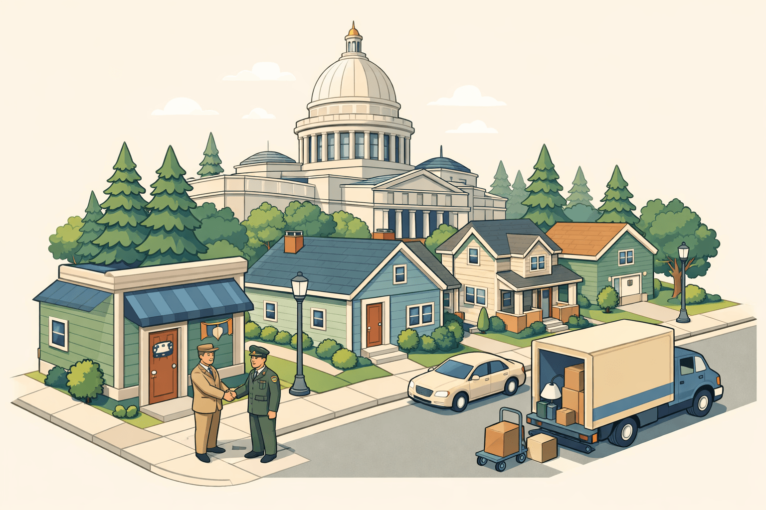 Isometric scene of an Arkansas neighborhood with a domed civic building, family homes, a small mortgage office, and a veteran meeting a loan officer outside.