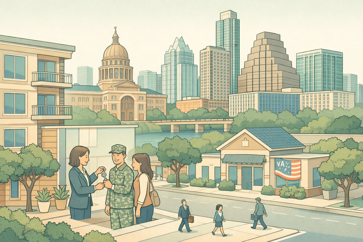 Isometric scene of the Austin skyline with the Texas Capitol and a veteran receiving a house key outside a residential building near a mortgage office.