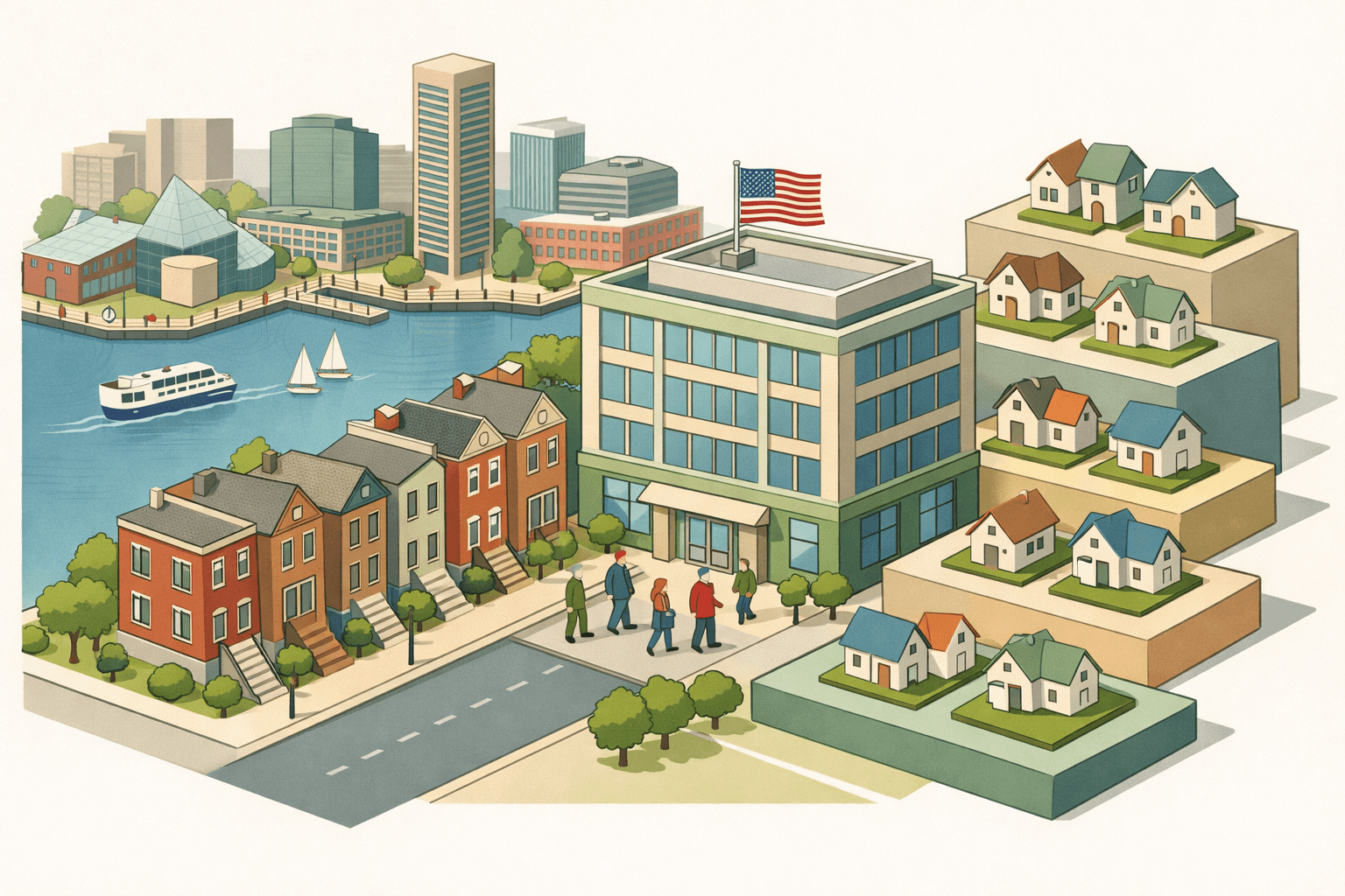 Isometric scene of Baltimore townhouses and a waterfront lending office with small stylized veteran and homebuyer figures approaching the building.