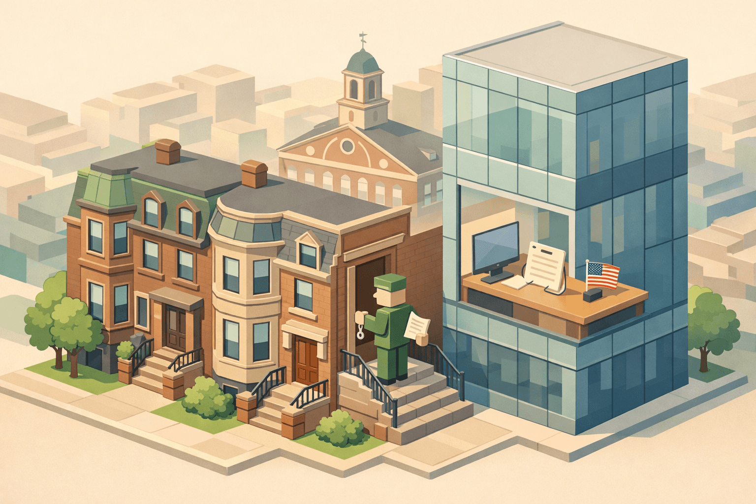 Isometric scene of Boston brownstones and an office building with a small veteran figure receiving house keys at the front door.