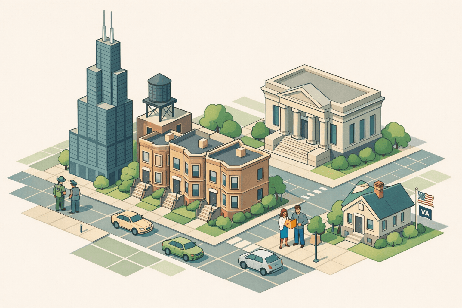 Isometric Chicago cityscape with brownstones, a skyscraper, and a bank building, with small figures representing veterans and homebuyers near a house with a flag.