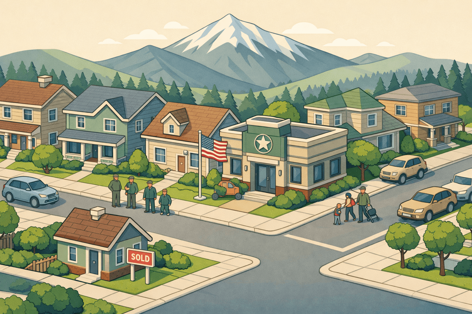 Isometric Colorado mountain town street with homes, a mortgage office, a flagpole, tiny figures of veterans and families, and a mountain peak in the background.