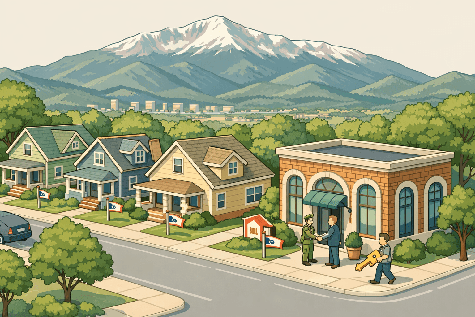 Isometric scene of a Colorado Springs neighborhood with residential homes, a local mortgage office, and small figures representing veterans and loan officers.