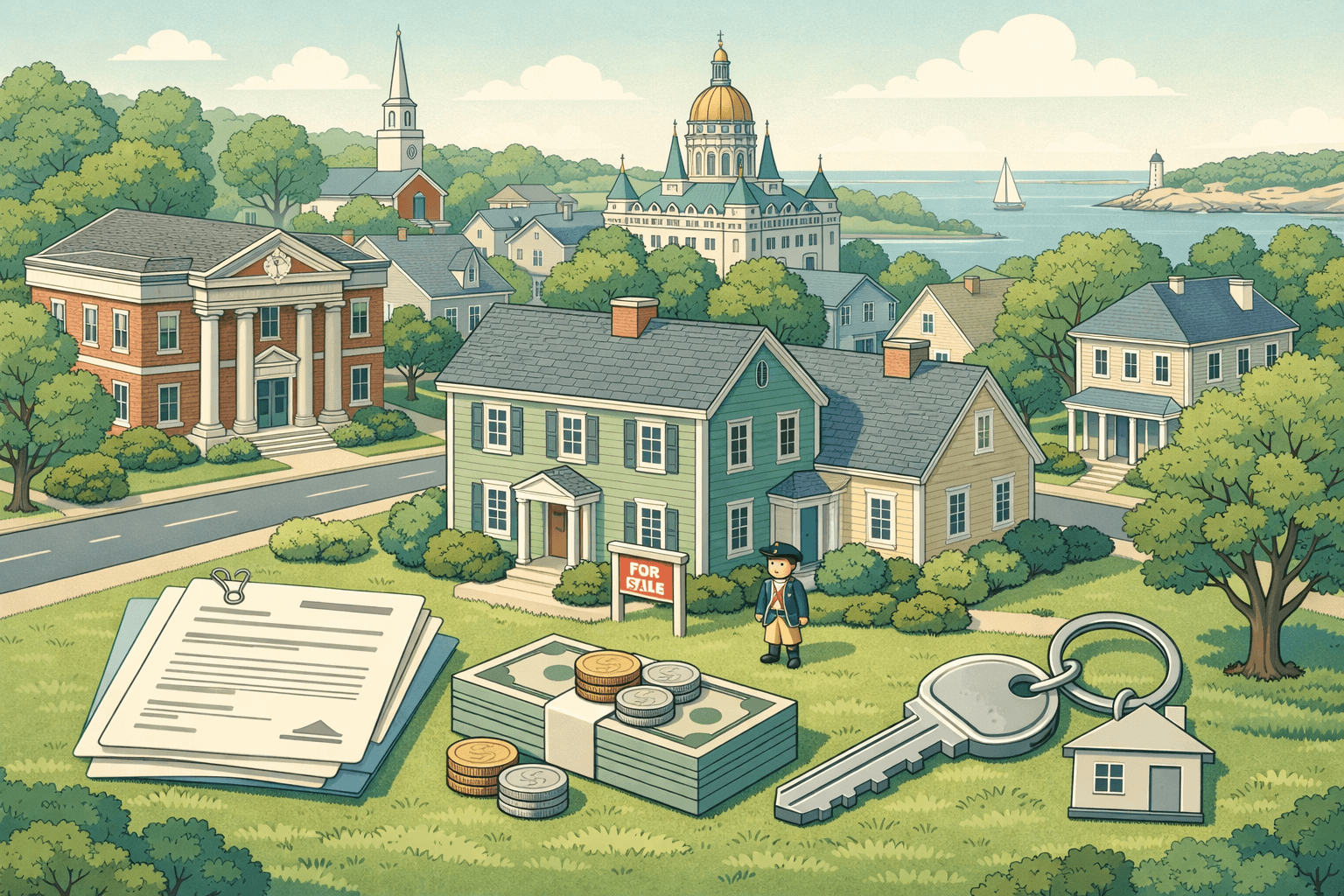 Isometric scene of a Connecticut colonial neighborhood with a bank building, a small military figure near a home for sale, and mortgage documents on the lawn.