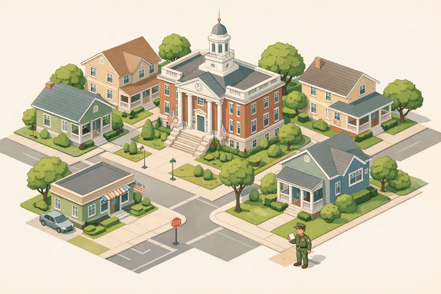 Isometric scene of a Delaware neighborhood with colonial-style buildings, residential homes, a mortgage office, and a small figure near a house.