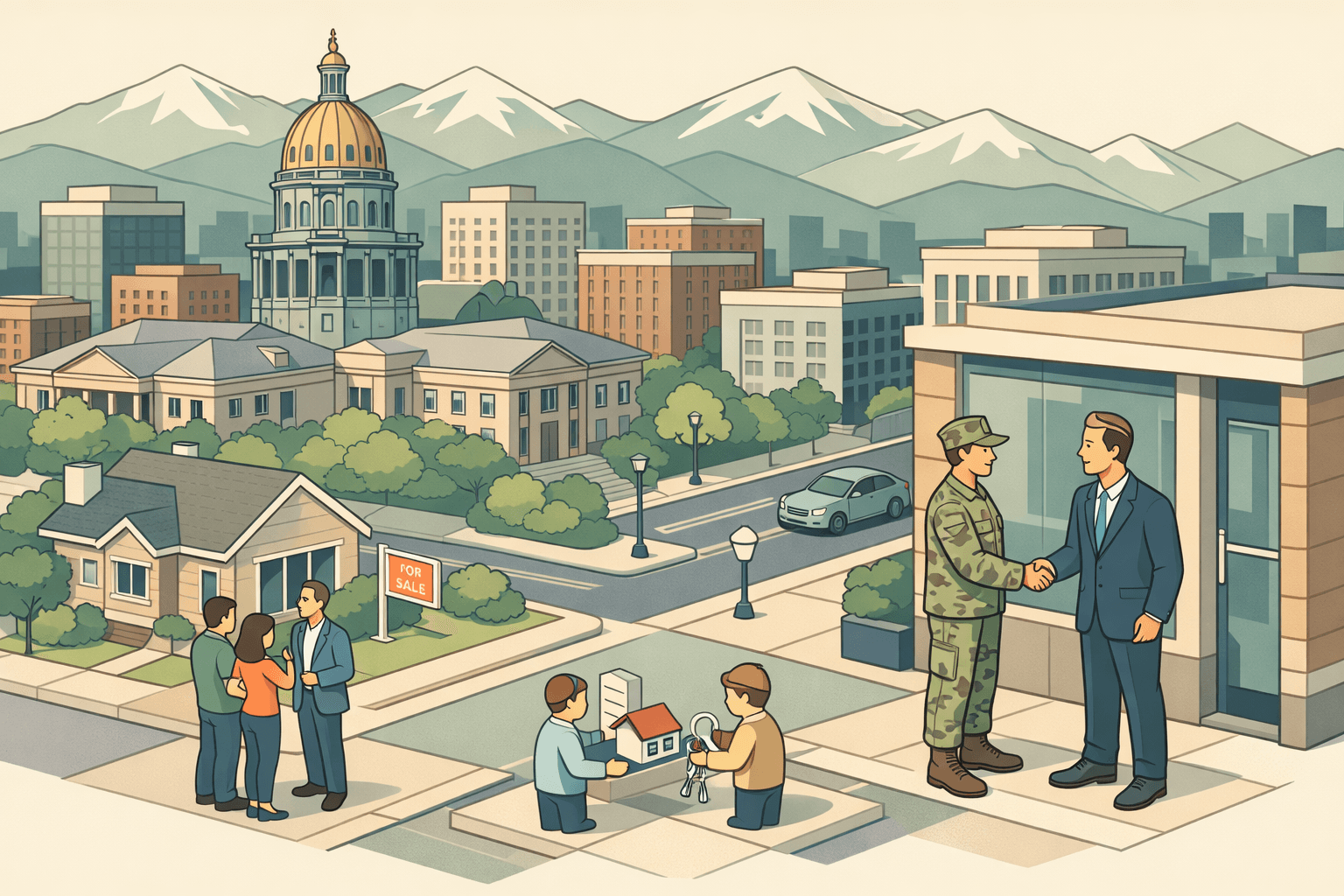 Isometric scene of a Denver neighborhood with the Capitol dome, a lending office, a veteran figure, and a residential home with mountains in the background.