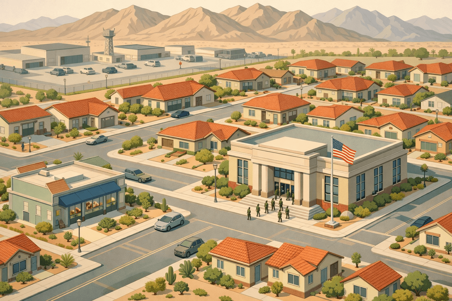 Isometric view of an El Paso neighborhood with homes, a bank building, and small figures near a military base backdrop.