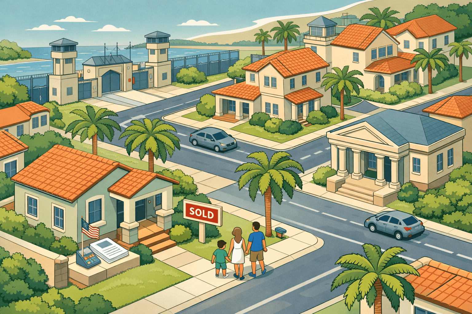 Isometric Florida neighborhood with terracotta-roofed homes, palm trees, a small bank building, and tiny figures near a sold home.