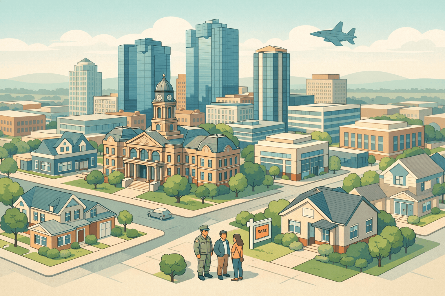 Isometric view of Fort Worth skyline with downtown buildings, a mortgage office, residential homes, and small figures representing veteran homebuyers.