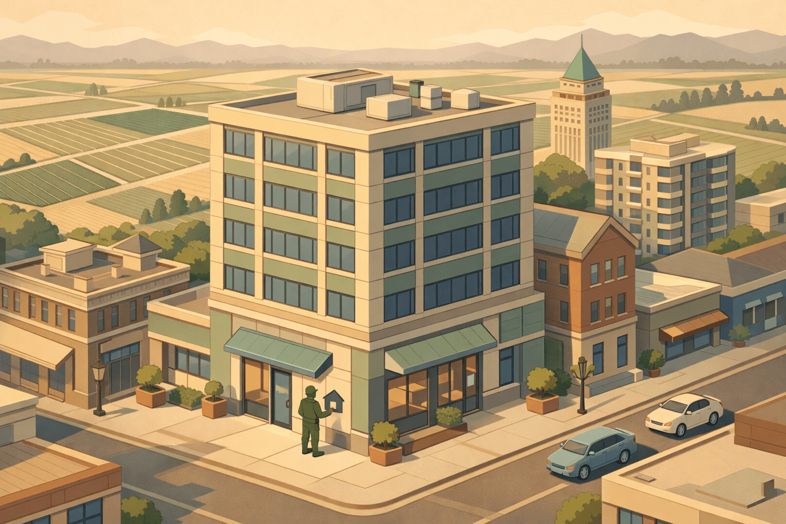 Isometric illustration of a Fresno mortgage lending office with Central Valley scenery and a small figure representing a veteran homebuyer.